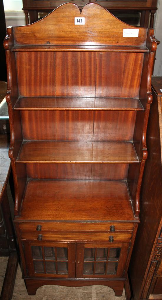 Small mahogany open bookcase with drawers under